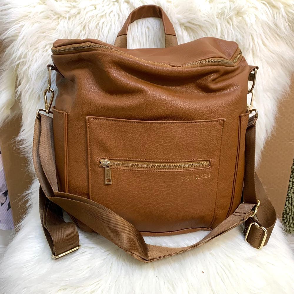 FAWN DESIGNS Large Brown Faux Leather Multi-Pocket Convertible Bkpk Diaper Bag